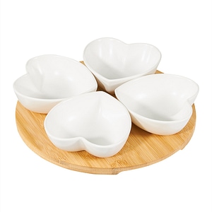 Set boluri AMBITION Natural, 5 piese, inimioara, tava bambus, portelan, alb mat