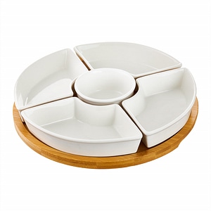 Set boluri AMBITION Natural, 6 piese, asimetric, tava bambus, portelan, alb mat