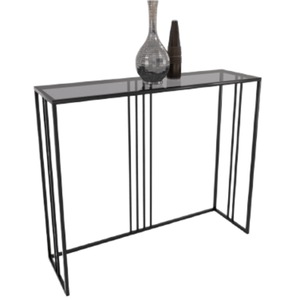 Masa consola Carly, Marsah Home, 85x100x30 cm, cadru metalic negru, sticla securizata fumurie