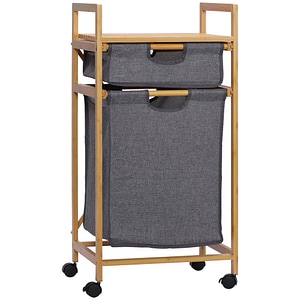 Cos de rufe cu 2 compartimente HomCom, 42x35x84.5cm, Bambus/Textil, Gri