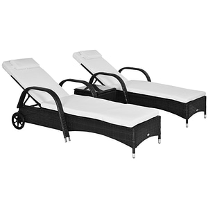 Set 2 sezlonguri cu saltea captusita si masuta Outsunny, 200  73  103cm, Ratan PE, Negru