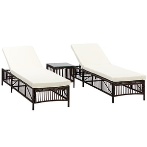 Set cu 2 sezlonguri plaja si masuta Outsunny, 196L x 54P x 32A cm, Ratan PE, Maro si bej