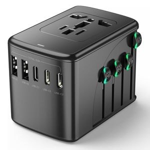 Adaptor incarcator universal priza de calatorie, Timebox, 2 x USB, 3 x Type-C pentru US, UK, EU, Australia, Asia, Negru
