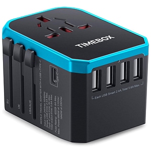 Adaptor incarcator universal priza de calatorie, 4 x USB, 1 x Type-C pentru US, UK, EU, Australia, Asia, Albastru