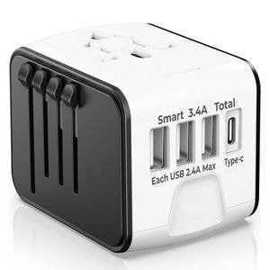 Adaptor incarcator universal priza de calatorie, Timebox, 3 x USB, 1 x Type-C pentru US, UK, EU, Australia, Asia, Alb