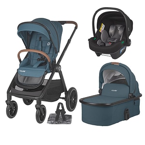 Carucior 3in1 Coccolle Aspen Premium Line cu scoica auto Knox Anthracite iSize, Copertina XXL, Husa de picioruse si ploaie, Pana la 22 kg, Standard de siguranta EN 1888, Albastru