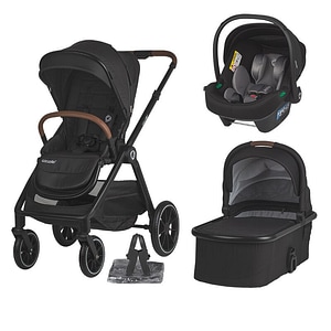 Carucior 3in1 Coccolle Aspen Premium Line cu scoica auto Knox Anthracite iSize, Copertina XXL, Husa de picioruse si ploaie, Pana la 22 kg, Standard de siguranta EN 1888, Negru