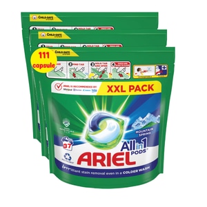 Detergent de rufe automat Ariel Mountain Spring, 3x37 capsule, 111 spalari