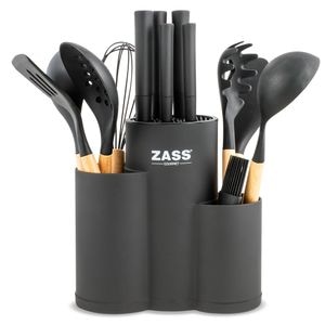 Set cutite si ustensile de bucatarie Zass Gourmet ZG-KS 08, 14 piese, Suport cu 3 compartimente, Negru