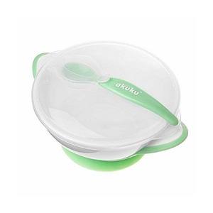 Bol Akuku, Cu manere, lingura si capac, Cu ventuza, Protejeaza impotriva varsarii alimentelor, Fara BPA, 300 ml, Green