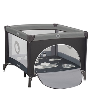 Tarc de joaca copii Lionelo Bonnie, Pana la 15 kg, 100 x 100 cm, Pliere compacta, Geanta de transport, Intrare laterala cu fermoar, Roti, Salteluta din spuma, Conform cu EN12227, Gri inchis