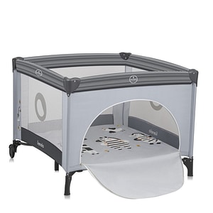 Tarc de joaca copii Lionelo Bonnie, Pana la 15 kg, 100 x 100 cm, Pliere compacta, Geanta de transport, Plasa, Intrare laterala cu fermoar, Roti, Salteluta din spuma, Conform cu EN12227, Gri deschis