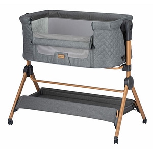 Patut bebe FreeON Nest&Feed, 2 in 1, Cu laterala culisanta, Roti, Raft, Transformabil in scaun de masa, Pana la 15 kg, Cu tavita detasabila, Reglabil pe inaltime, 0 luni+, Grey