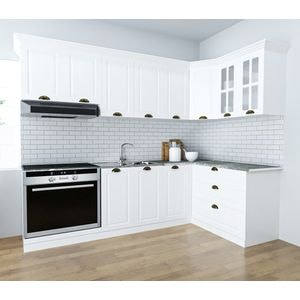 Set bucatarie colt cu soft-close si fronturi MDF Badenmob, seria Square, 240/140, Alb Rustic, montaj reversibil