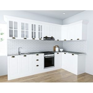 Set bucatarie colt cu soft-close si fronturi MDF Badenmob, seria Square, 300/140, Alb Rustic, montaj reversibil