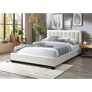 Pat tapitat Comfort 1 cu LED, 180x200 cm, cadru din lemn cu somiera fixa, Crem