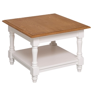 Masuta de cafea cu picioare strunjite si o polita joasa, culoare blat maro deschis P002, culoare corp alb P004, dublu color, 100% lemn masiv, 65x65x45 cm