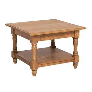 Masuta de cafea cu picioare strunjite si o polita joasa, blat stejar, culoare maro deschis P001, ceruit, 100% lemn masic, 65x65x45 cm