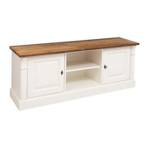 Comoda 2 usi si rafturi deschise, culoare blat maro P064, culoare corp alb murdar P039, dublu color, 100% lemn masiv, 160x46x60 cm