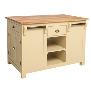 Insula de bucatarie, blat stejar, culoare blat maro deschis P061, culoare corp crem P046, dublu color, 100% lemn masiv, 135x85x90 cm