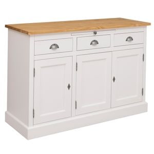 Bufet cu 3 usi si 3 sertare, BAS, culoare blat maro deschis P093, culoare corp exterior alb P004, culoare interior maro deschis P093, dublu color, 100% lemn masiv, 134x50x90 cm
