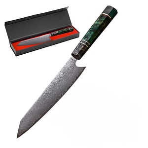 Cutit Profesional Japonez Handlekraft, otel Damasc-67, 20cm, Maner Distinctiv, Verde/Maro
