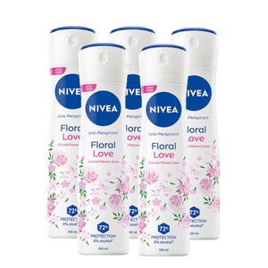 Set antiperspirant spray femei Nivea Floral Love, 72h protectie, 5 buc x 150 ml