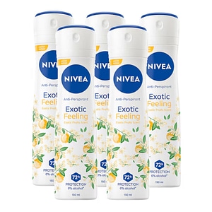 Set antiperspirant spray femei Nivea Exotic Feeling, 72h protectie, 5 buc x 150 ml