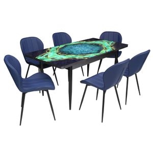 Set masa cu 6 scaune bucatarie Topaz & Crystal, Piele Ecologica, Verde-Albastru