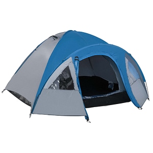 Cort pentru camping 4 persoane cu buzunare de depozitare si carlig pentru lampa Outsunny, 3x2.50x1.30 m,  Poliester si Fibra de Sticla, Albastru