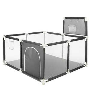 Tarc de joaca copii Primabobo, 126 x 126 cm, Pliere compacta, Include cos de baschet, Din plasa, Cu intrare laterale si fermoar, Cu ventuze pentru stabilitate, Gri