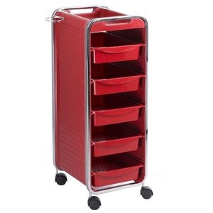 Ucenic profesional pentru salon cosmetica Selgot, 5 sertare retractabile, suport feon, roti, 89 cm, rosu