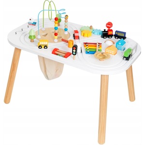 Masuta Lemn  Activitati Senzoriale Montessori 10in1 GeniusKiD 1 An+,Multifunctionala,Sortator,Labirint Margele,Masini,Tren,Cale ferata,Indicatoare,Xilofon,Sac Depozitare,Multicolor
