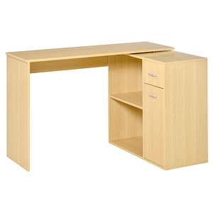 Birou de colt cu rafturi si sertare HomCom, 117x82x74 cm,  PAL, Bej