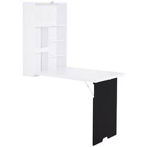 Birou cu rafturi suspendate HomCom, 60 x 88.5 x 146.5 cm,  MDF, Alb/Negru