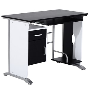 Birou pentru PC cu raft pentru tastatura si sertar Homcom, 100x52x75 cm, MDF si metal, Alb si negru