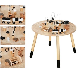 Masuta Educationala Montessori 6 in 1 din Lemn  AdventureTable,Trenulet Magnetic, Labirint  Margele si Veverita, Sortator Oglinda,Ghinda Glisanta, Roata  Bile,Blak/White,1 An+