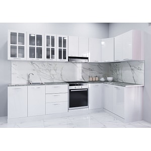 Set mobilier bucatarie colt BadenMob, MDF, vopsit ultralucios, seria Iris, 300x140cm, Alb