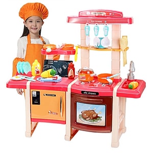 Set Bucatarie Copii, Dubla, Chiuveta cu Circuit Apa, Cuptor, Masina de Spalat Vase, Tacamuri, Vesela, Oala sub Presiune, cu Sunete si Lumini, Culoare Roz