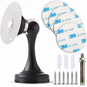 Opritor magnetic pentru usa Simply Joy, otel inoxidabil, banda adeziva dublu fata 3M si suruburi de montaj, Instalare cu banda adeziva sau cu suruburi in podea sau perete, Negru