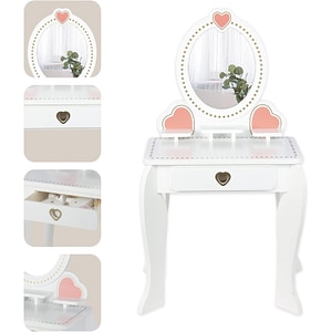 Masuta de Machiaj pentru Fetite, BellePrincesse, KinderVibe, din Lemn Ecologic, cu Scaunel, Oglinda si Sertar, Accesorii, Margini Rotunjite, 93CM Inaltime, Alb Pastel