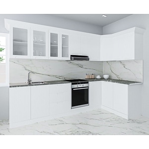 Set bucatarie Colt cu soft-close si fronturi MDF Badenmob, seria Space, 300/140 cm, Alb, montaj reversibil