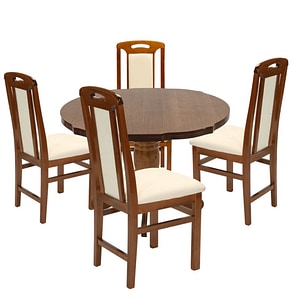 Set masa living si bucatarie extensibila SB Fan DRIMUS, MDF, 100-133,5x99x74 cm si 4 scaune SB Tim, lemn masiv, tapiterie stofa, nuc