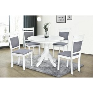 Set masa living si bucatarie KL Livia DRIMUS, MDF, lemn masiv si 4 scaune KL Oman, tapiterie stofa, sarcina maxima 120 kg, alb/gri