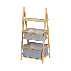 Raft depozitare si organizare KL6553 DRIMUS, 3 nivele, sertare textile, lemn, 44x34x91 cm, natur/gri