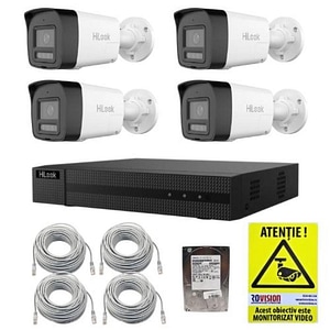 Kit supraveghere IP HiLook 4 camere, 4MP PoE Dual Light 30m, Microfon Difuzor, NVR 4 canale PoE 4K 8MP, Cabluri, HDD 1TB, Autocolant Rovision