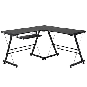 Birou pe colt extensibil HomCom, 130W x 130W x 73.5H cm, Lemn si Otel, Negru 