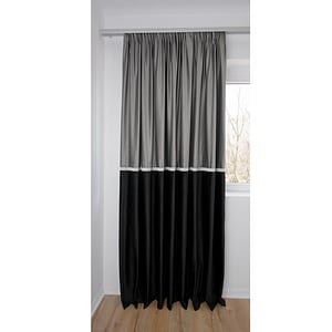 Draperie catifea in doua culori orizontal gri / negru bordura geometrica Decolis, prindere cu banda universala, 350x250cm
