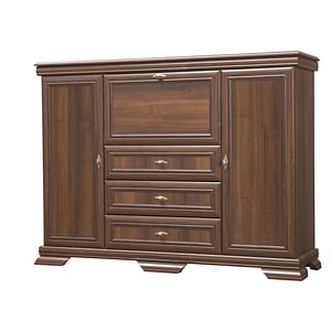 Comoda living VM6P DRIMUS, usa rabatabila bar, 2 usi fixe, 3 sertare, insertii MDF, 158 x 46 x 117 cm, Nuc