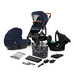 Carucior 3 in 1 Kinderkraft Prime Mink Pro, cu scoica, sistem de calatorie, R129, 5 puncte, albastru/negru